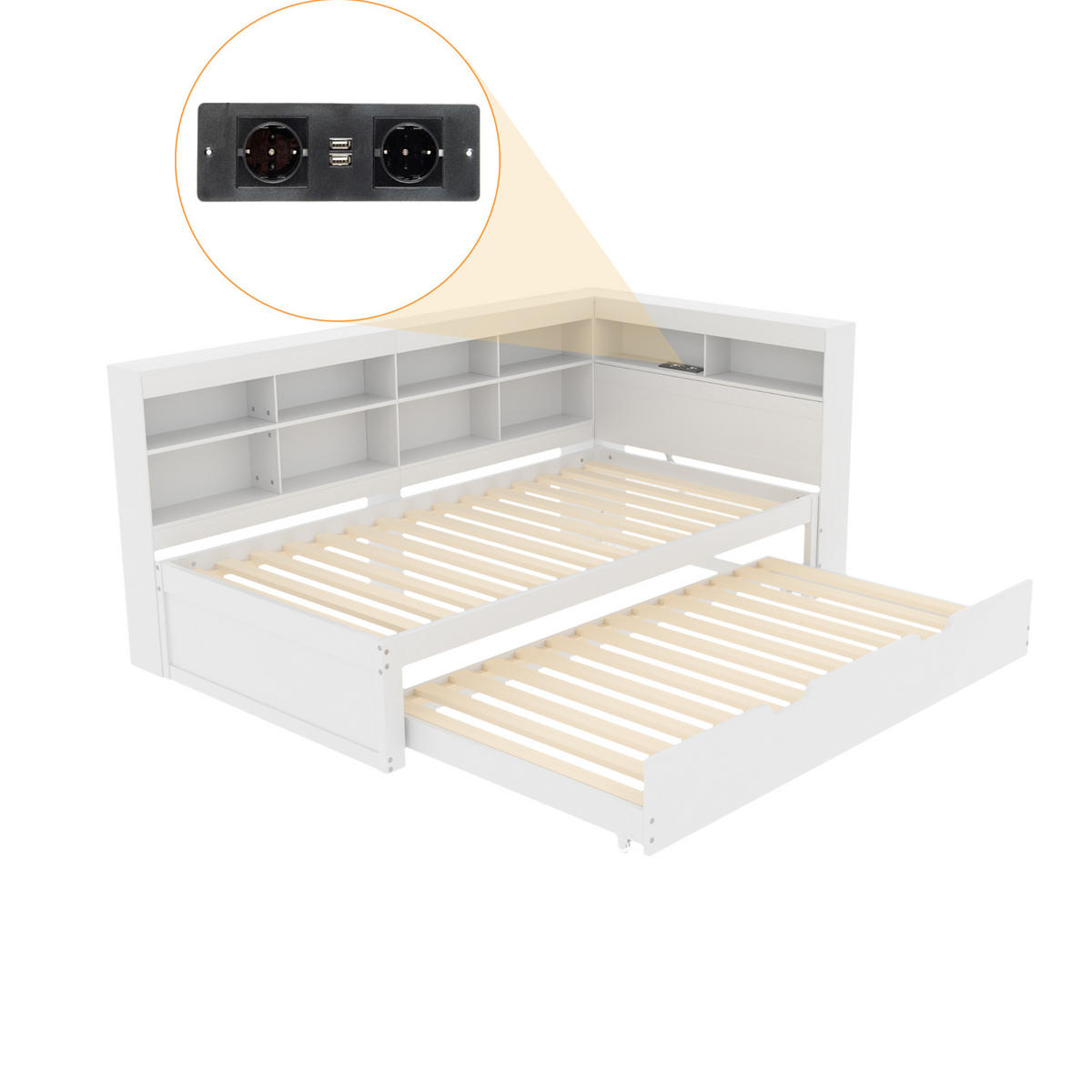 SCHLAFSOFA 90x200 cm ausziehbar mit USB und Ablage, Weiß - Weiß, Holzwerkstoff (222.5/92.5/116cm)