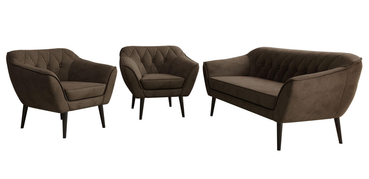 SITZGARNITUR PIRS 3+1+1 - Braun Velvet - Schwarze Beine - Dunkelbraun/Schwarz, Holzwerkstoff/Textil (180/75/74cm) - MKS