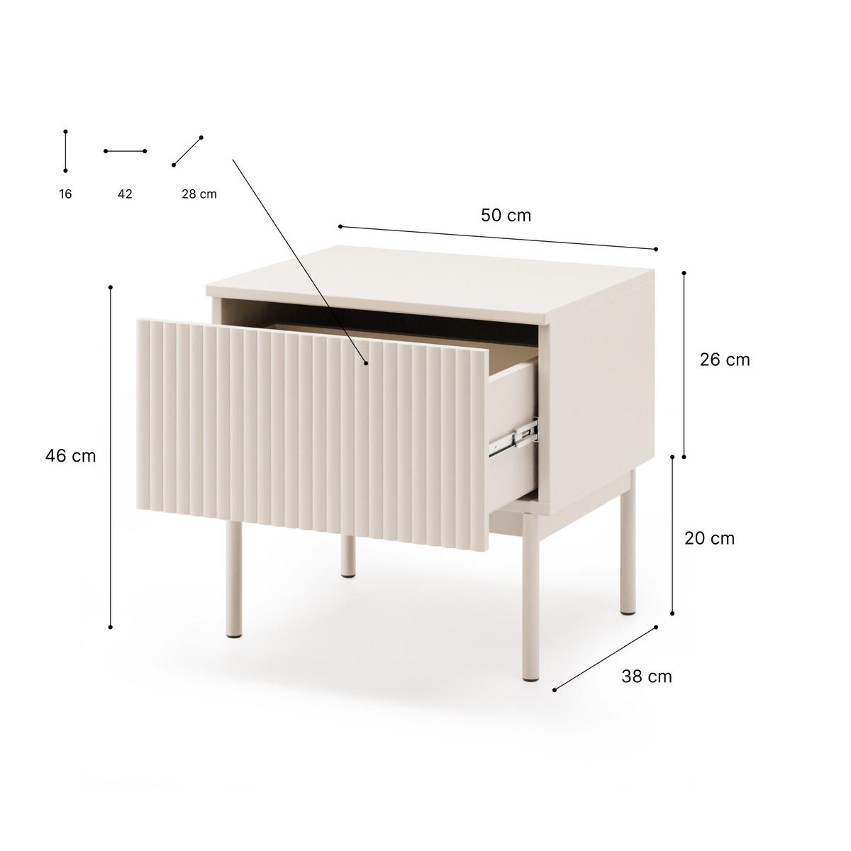 NACHTTISCH Soft mit 1 Schublade und geriffelten Fronten, Kaschmir - Kaschmir, Holzwerkstoff/Metall (50/46/38cm) - Beautysofa