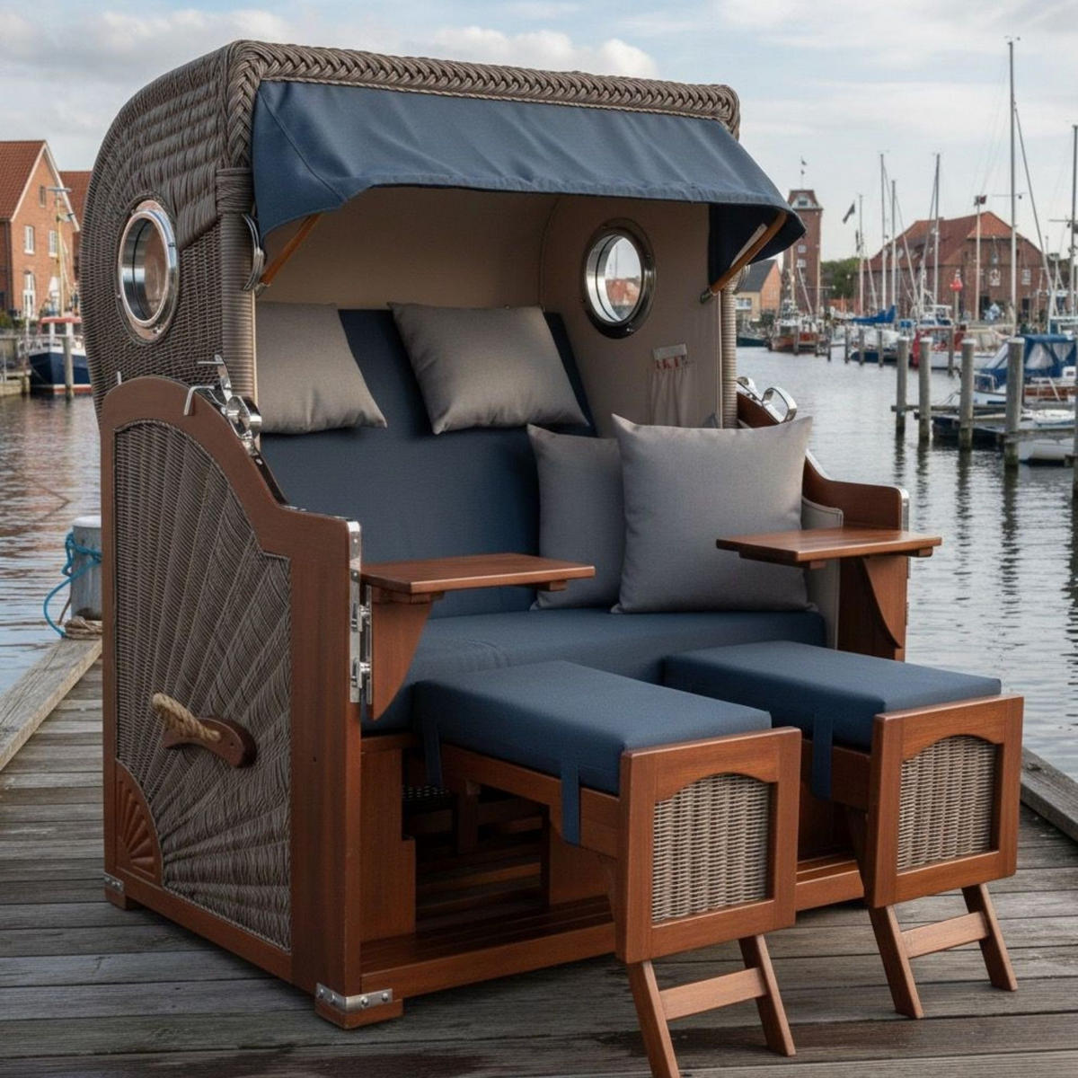 STRANDKORB 2-Sitzer Düne Mahagoni 593 - Blau/Hellgrau, Holz (125/170/80cm) - Mr. Deko