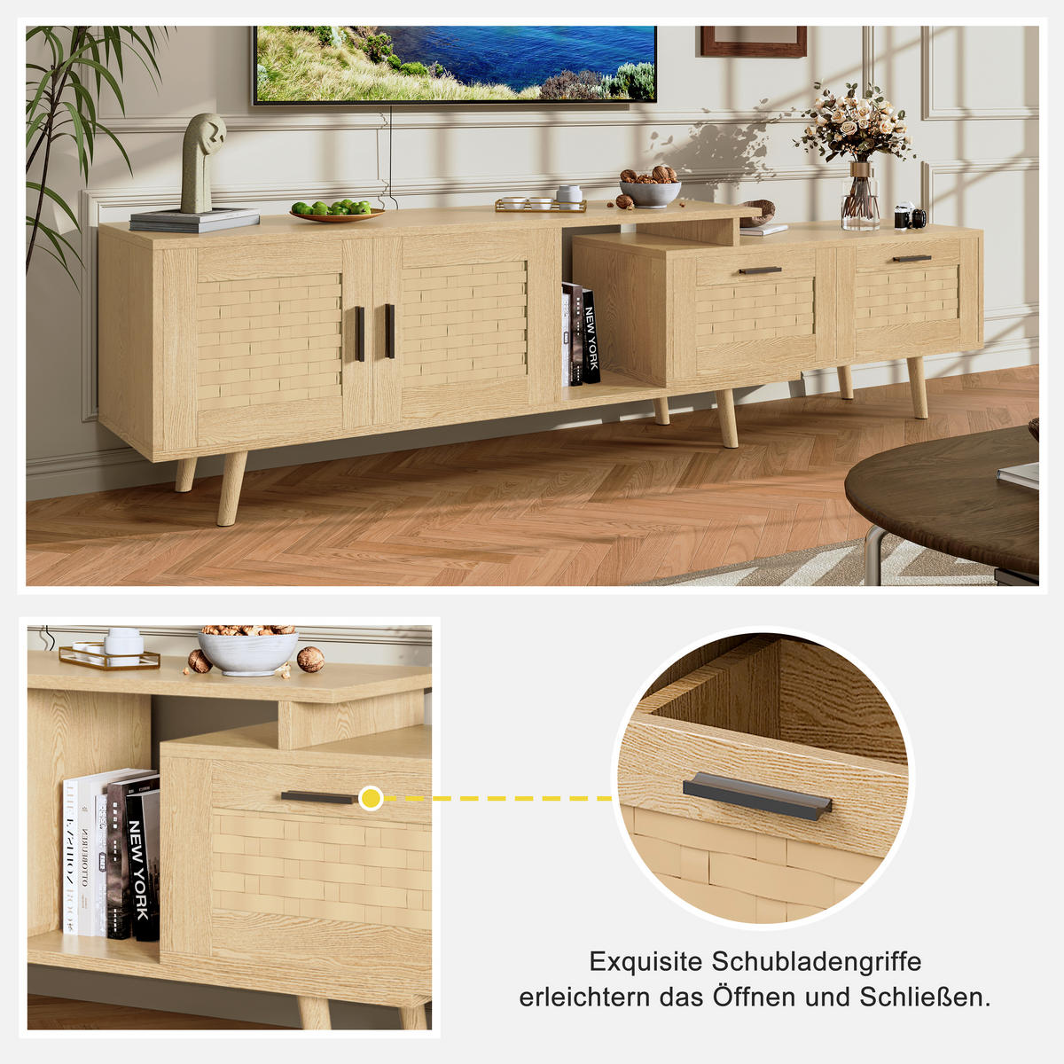 TV-SCHRANK 180x30x44 cm in Rattanoptik mit Schubladen und Türen - Naturfarben, Holz (30/44/180cm) - PARAFTA HOME