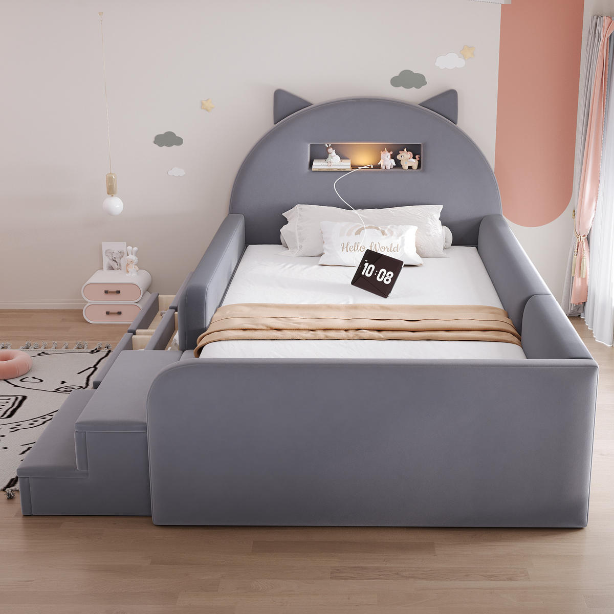 KINDERBETT 90/200 cm in Dunkelgrau mit 4 Schubladen, USB und Nachtlicht Samt - Dunkelgrau, Holzwerkstoff/Textil (90/200cm) - STILVORA