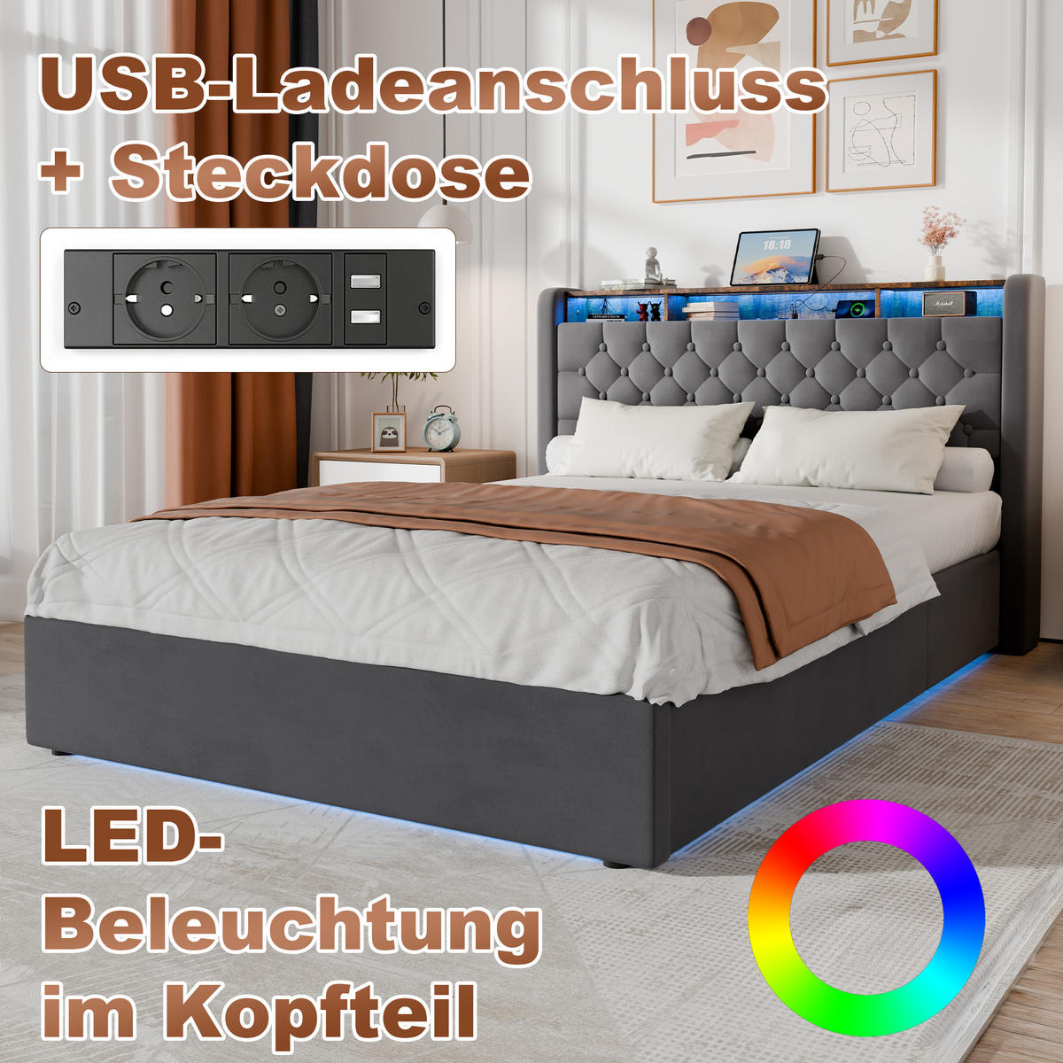 POLSTERBETT 140/190 cm in Grau, mit Bettkasten, LED und USB, ohne Matratze - Grau, Holzwerkstoff/Textil (140/190cm) - WISHDOR