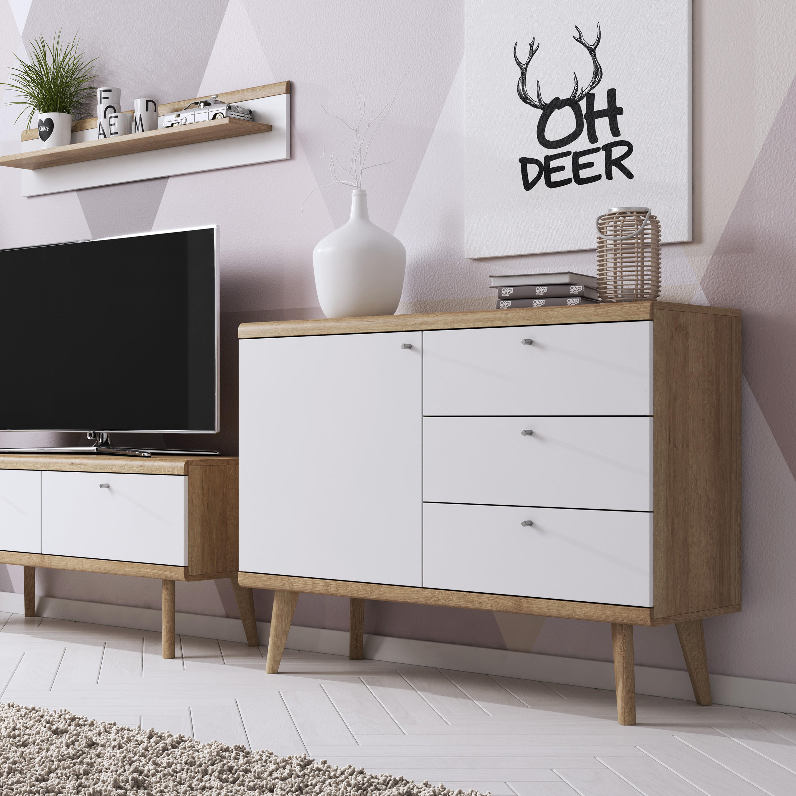 KOMMODE PRIMARIO 107/83/40 cm mit 3 Schubladen 1 Türen Eichefarben - Eichefarben/Weiß, Holzwerkstoff (107/83/40cm) - MASSENO