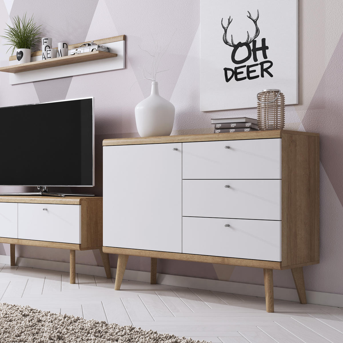 KOMMODE PRIMARIO 107/83/40 cm mit 3 Schubladen 1 Türen Eichefarben - Eichefarben/Weiß, Holzwerkstoff (107/83/40cm) - MASSENO