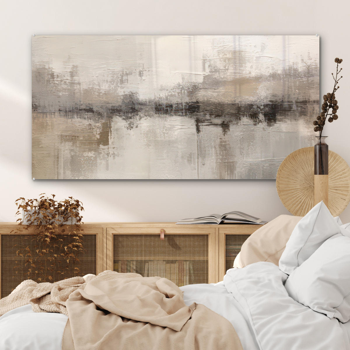 ACRYLGLASBILD Moderne Kunst - Abstrakt - Beige 120x60 cm - Beige, Glas (120/60cm) - MuchoWow