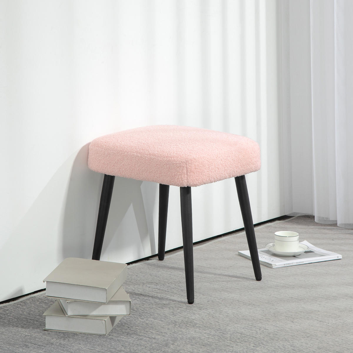 FUSSHOCKER Sitzhocker Quadratischer Schminkhocker mit Kaschmir-Optik, Stahlbeine - Rosa, Kunststoff (42/44/42cm) - HOMCOM