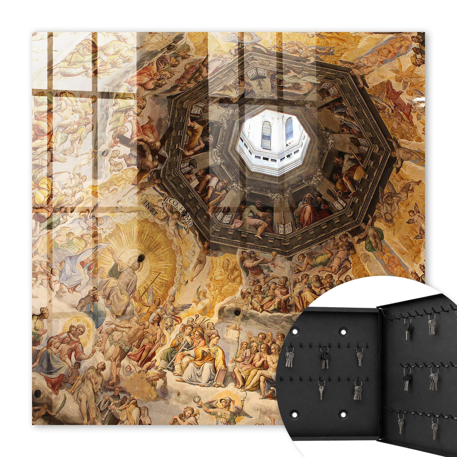 SCHLÜSSELBOX Schwarz 30x30 cm- Türöffnung nach rechts - Religiöse Fresken - Gelb, Metall (30/30/5cm) - TULUP