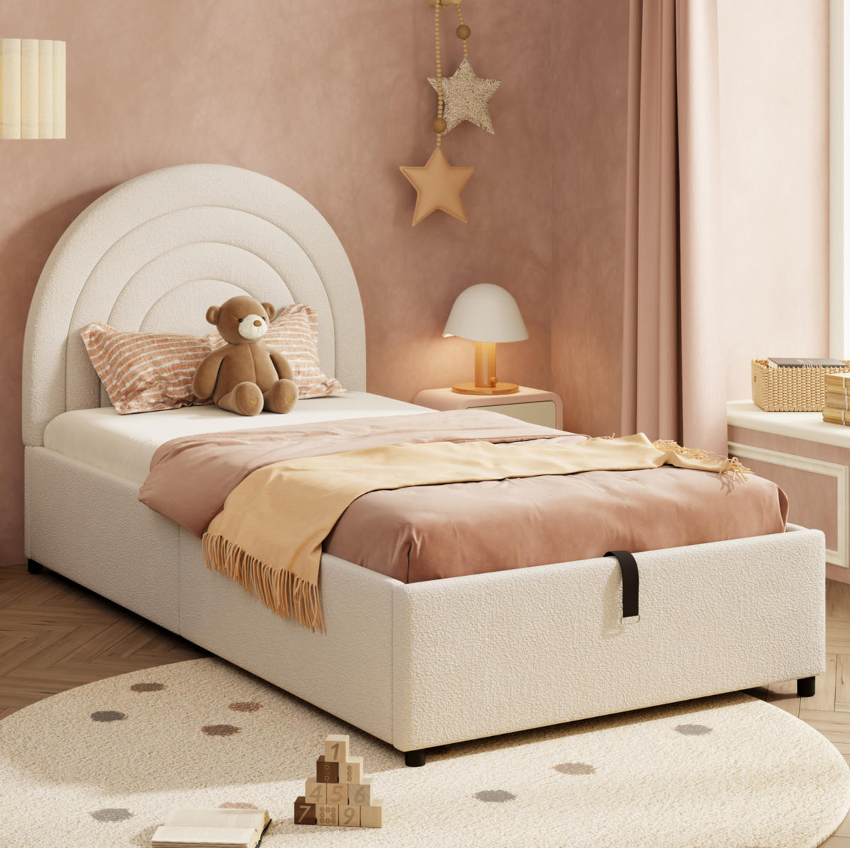 POLSTERBETT 90/200 cm mit hydraulischem Stauraum, eingebettetem Matratzenbereich und Bouclé-Bezug, Beige - Beige, Textil (90/200cm) - Redom