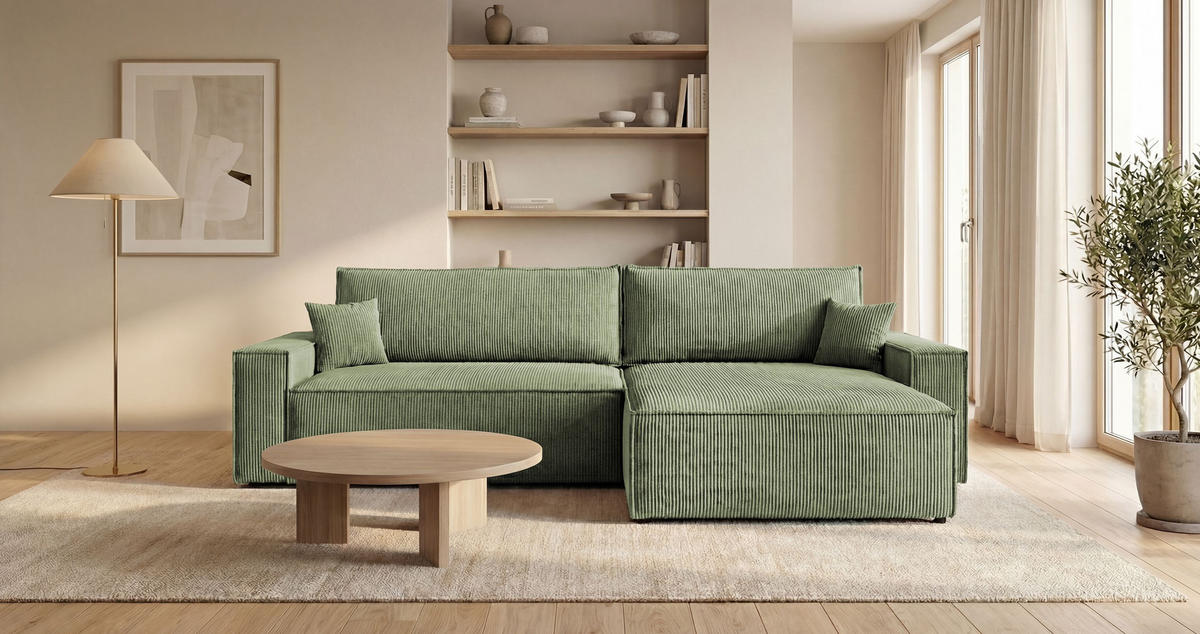 ROHOVÁ pohovka VIENNA pravá světle zelená manšestr Poso 47 - funkce spaní, úložný prostor - světle zelená, textil (285/184cm) - Cornero