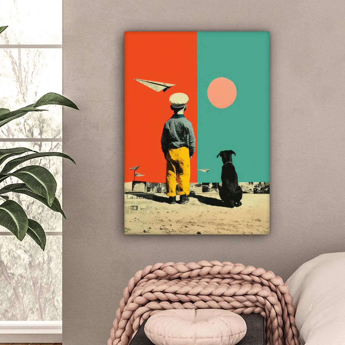 LEINWANDBILD Retro - Junge - Hund - Rot - Grün Wandbild Wohnzimmer 60x80 cm - Orange, Textil (60/80cm) - MuchoWow