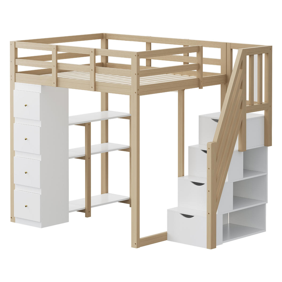 HOCHBETT 140/200 cm DE-01328, in Holzfarbe, mit 4 Schubladen, Regalen und Stauraumleiter - Naturfarben, Holz (90/200cm) - ComfortXL
