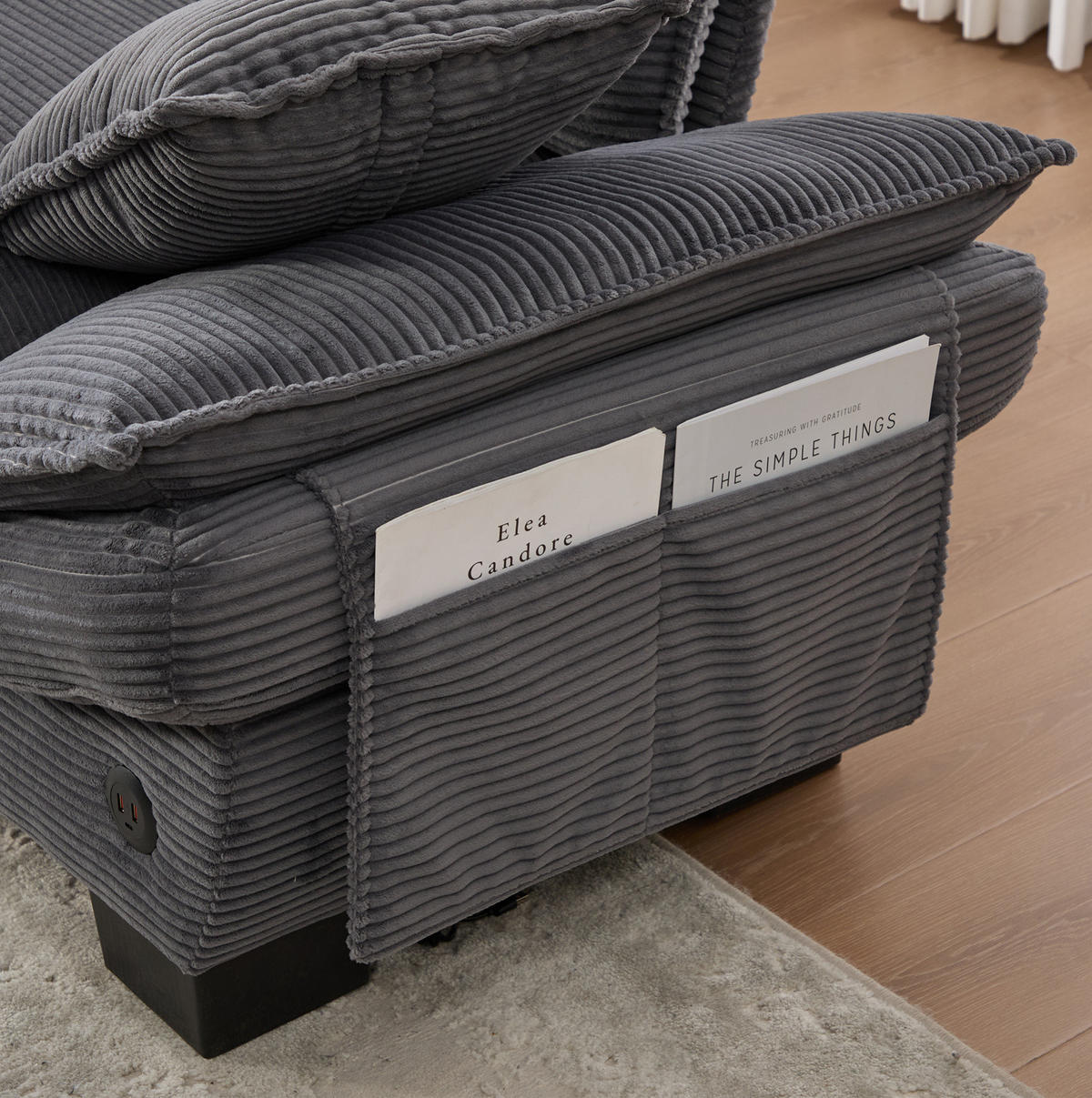 2-SITZER Sofa aus Cord 190x73x84 cm in Dunkelgrau mit USB-C & Seitentaschen - Dunkelgrau, Textil (73/84/190cm) - Modfu