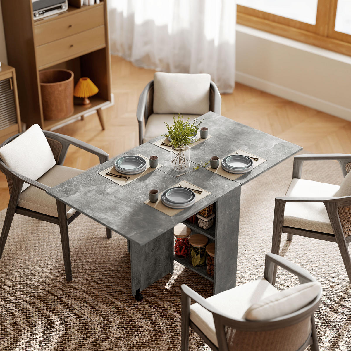 KLAPPTISCH DE-16472 klappbar, auf Rollen, 2 Regale Natur - Grau, Holzwerkstoff (75/140/74cm) - ComfortXL