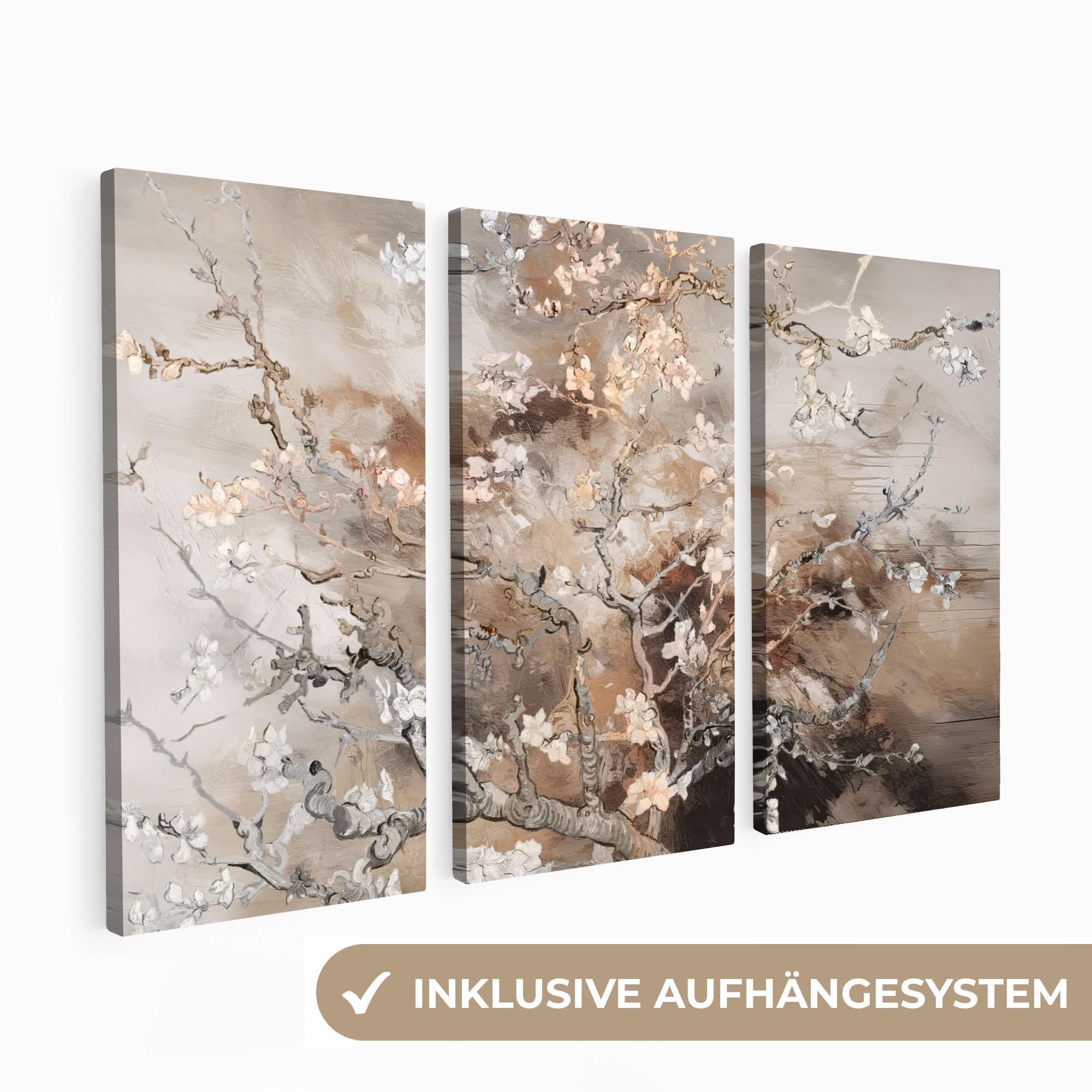 LEINWANDBILD 3er Set Mandelblüte - Abstrakt - Beige 180x120 cm - Beige, Textil (180/120cm) - MuchoWow