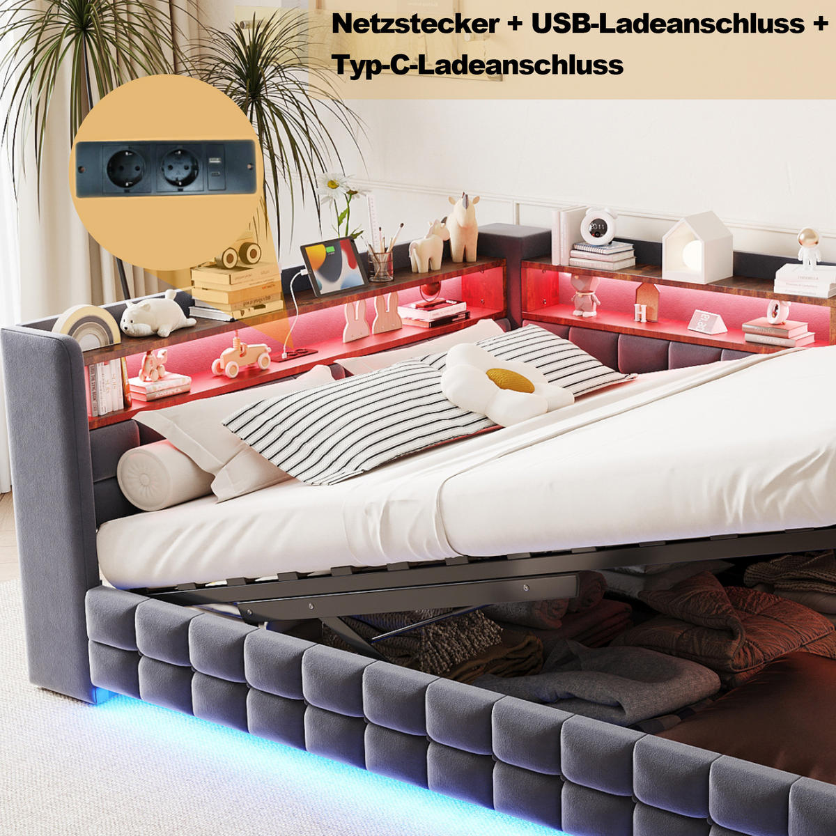ČALOUNĚNÁ postel 140/200 cm šedá z sametu s úložným prostorem, LED a USB - šedá, textil (140/200cm) - OKWISH