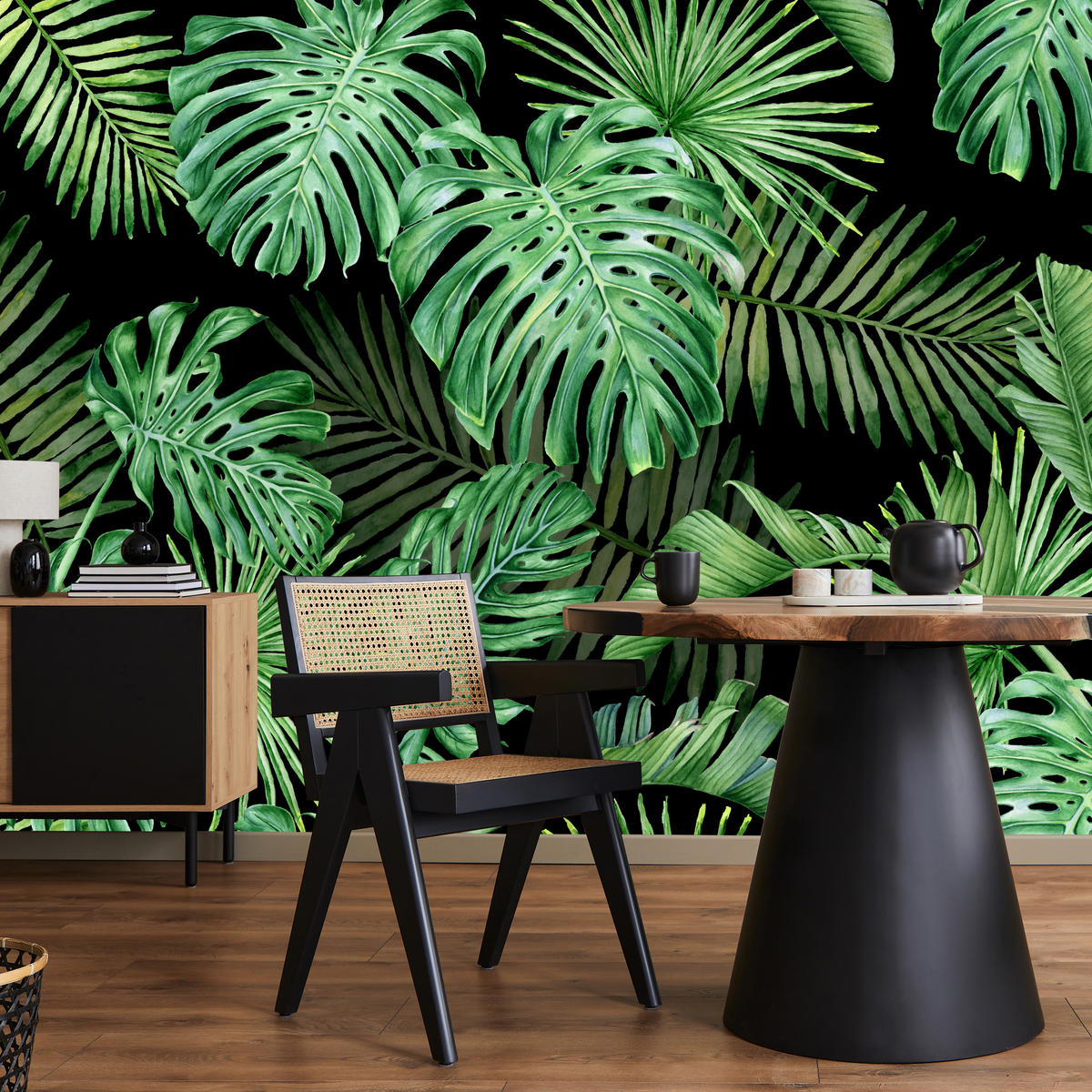 FOTOTAPETE für Schlafzimmer Exotische Grüne Monstera Palmen 500x350 - Schwarz/Grün, Papier (500/350cm) - Muralo