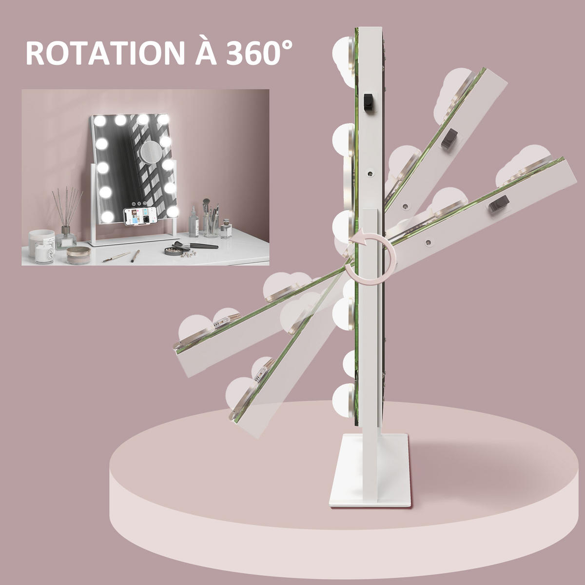 SCHMINKSPIEGEL DE-18030 12 LED, dimmbar, 360° drehbar Weiß - Weiß, Glas (8.5/36.5/45.5cm) - ComfortXL