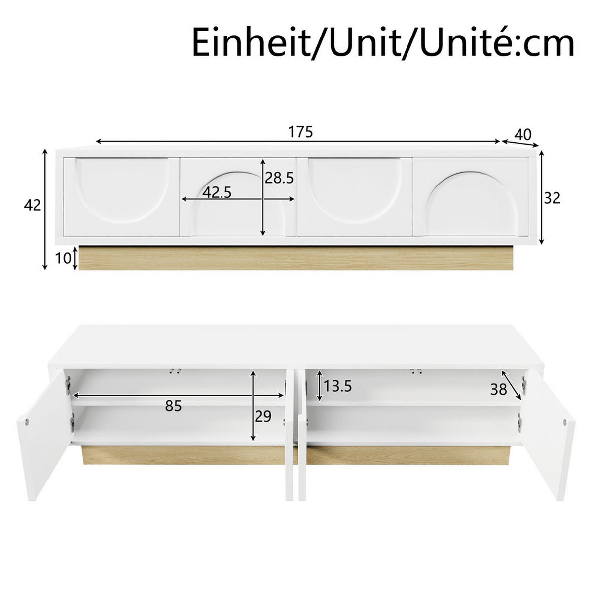 TV-SCHRANK 175cm Modern Weiß Holzmaserung Kurvendesign Stauraum - Weiß, Holz (39.37/21.08/56.9cm) - FLIEKS
