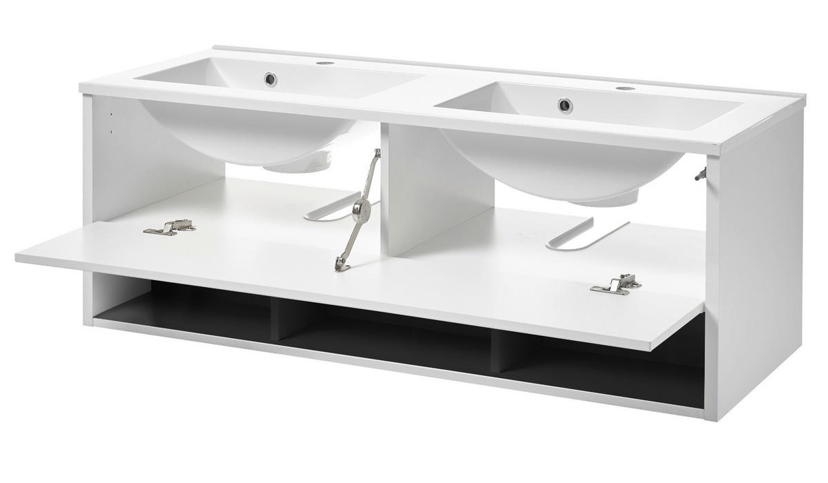 BADMÖBEL-SET weiß Hochglanz, grau, Badezimmerschränke mit Doppelwaschbecken und LED Beleuchtung - Weiß Hochglanz/Grau, Glas/Holzwerkstoff (175/190/47cm) - Furn.Design