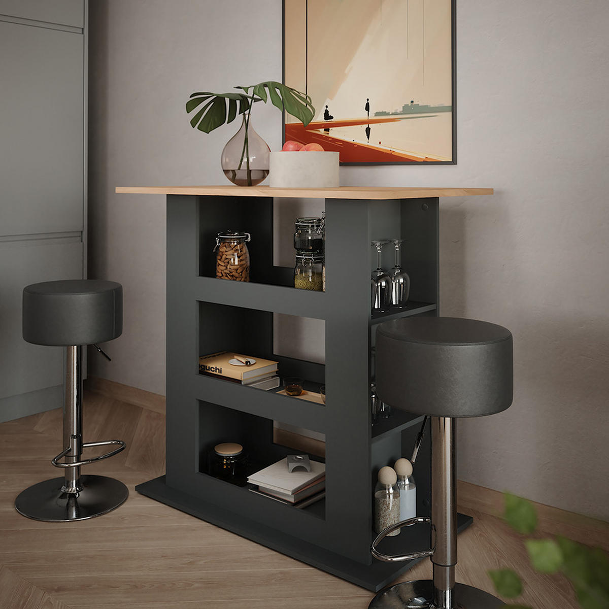 STOJACÍ BAROVÝ STŮL SE ŽIDLEMI Repose Zlatý dub power/antracit - medově dubová/černá, kompozitní dřevo (65/110/106cm) - Vicco