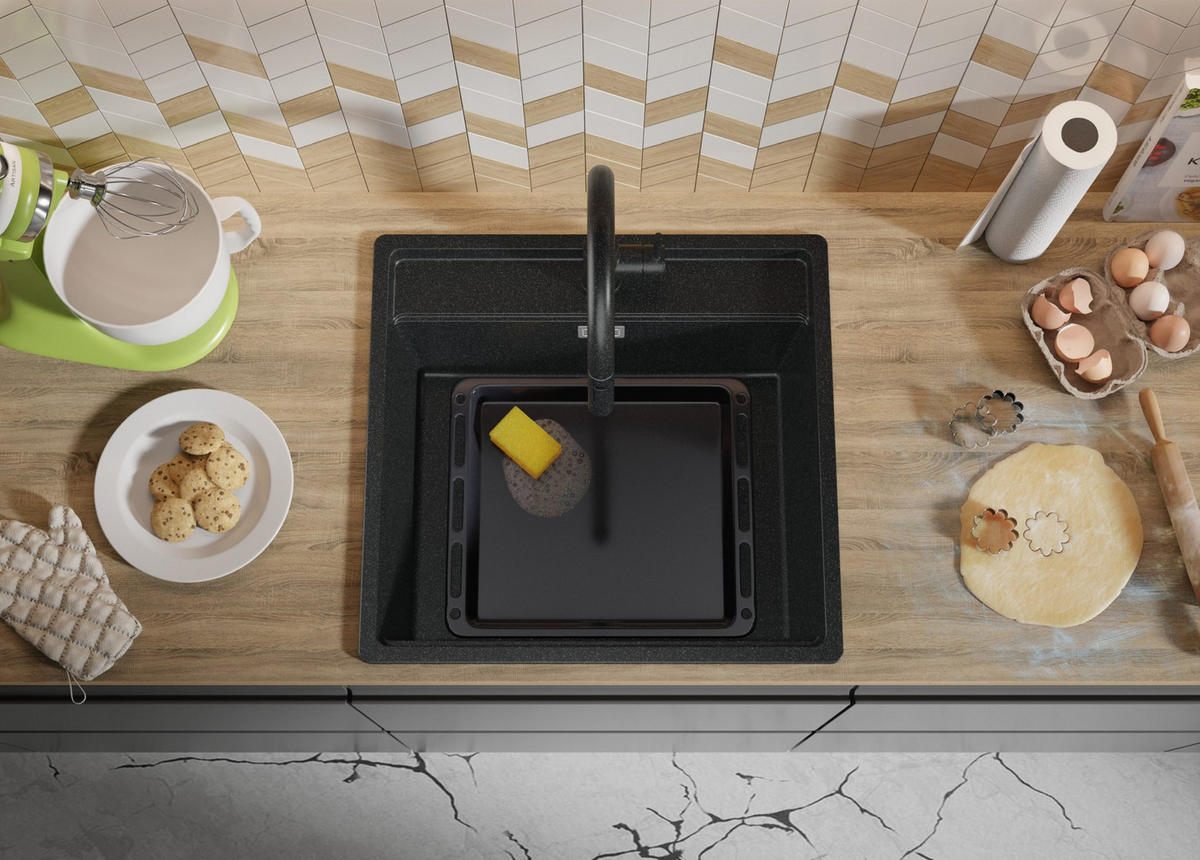 SPÜLBECKEN Bergen, 2-er set Anthrazit 56/53 cm 1 Becken + Ablauf-Set + Schneidebrett ab 60er Unterschrank - Chromfarben/Anthrazit, Kunststoff (56/20/53cm) - Primagran