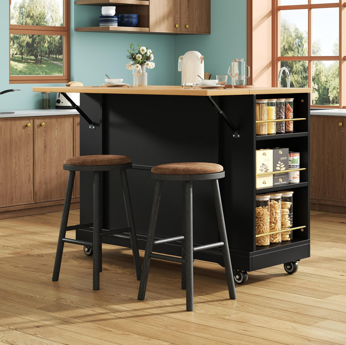 KÜCHENINSEL 120/40/90 cm schwarz aus MDF mit Klappplatte - Schwarz, Holzwerkstoff (120/90/40cm) - OKWISH