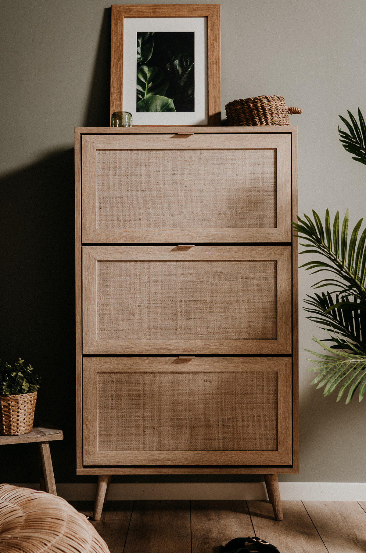 SCHUHKIPPER Eiche Sonoma, Bast-Dekor 70 cm, Schuhschrank mit 3 Kippern - Eichefarben, Holz/Holzwerkstoff (70/125/24cm) - Furn.Design