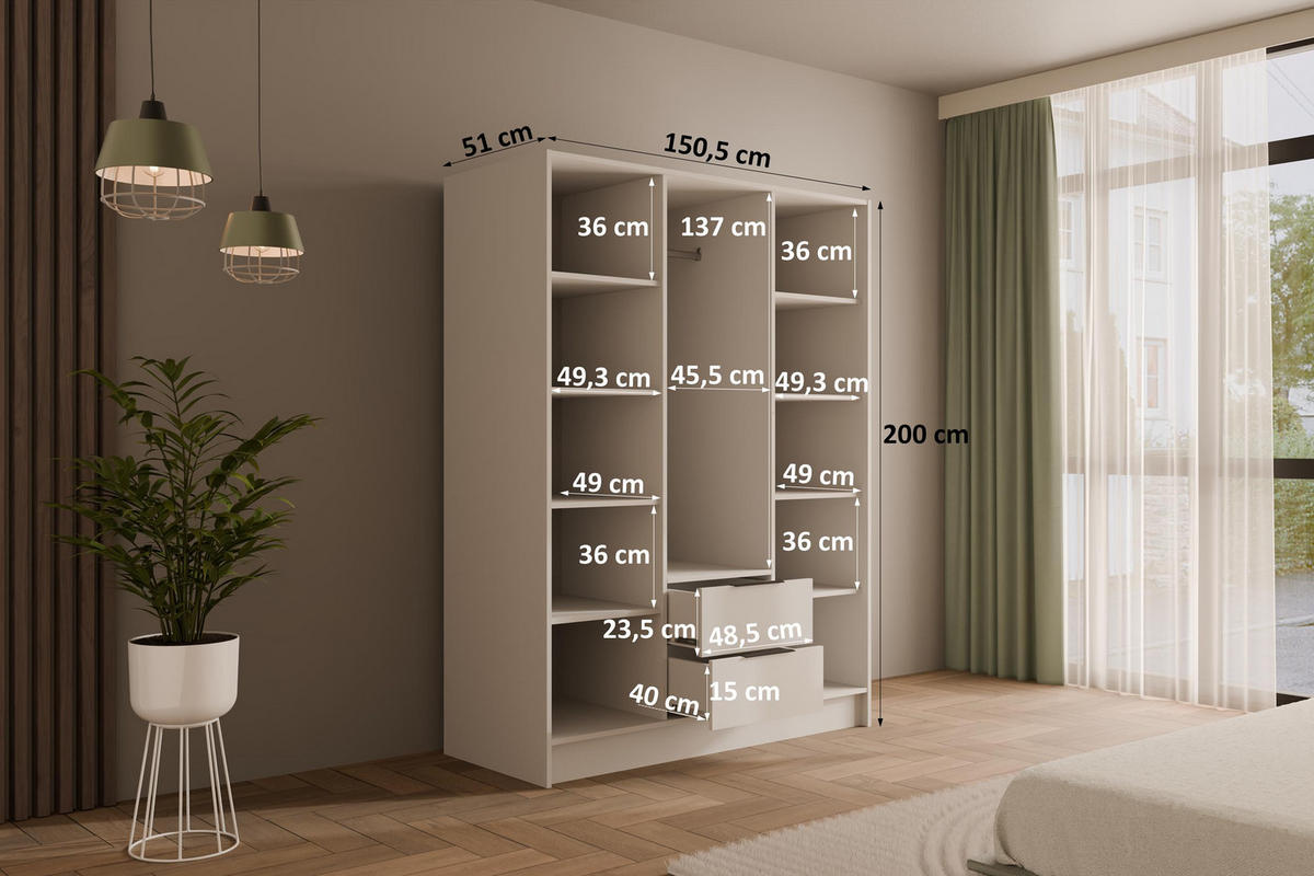 KLEIDERSCHRANK NELIA - 150 cm - Weiß/Eiche Artisan, Holzwerkstoff (150/200/51cm) - ALTDECOR