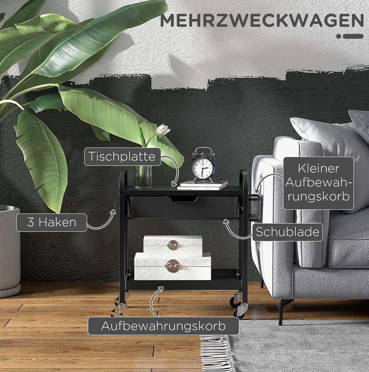 KÜCHENINSEL 61/32,6/58,5 cm aus Kunststoff mit Schublade, Ablage, 3 Haken und Rollen, Schwarz - Schwarz, Kunststoff (61/58.5/32.6cm) - Redom