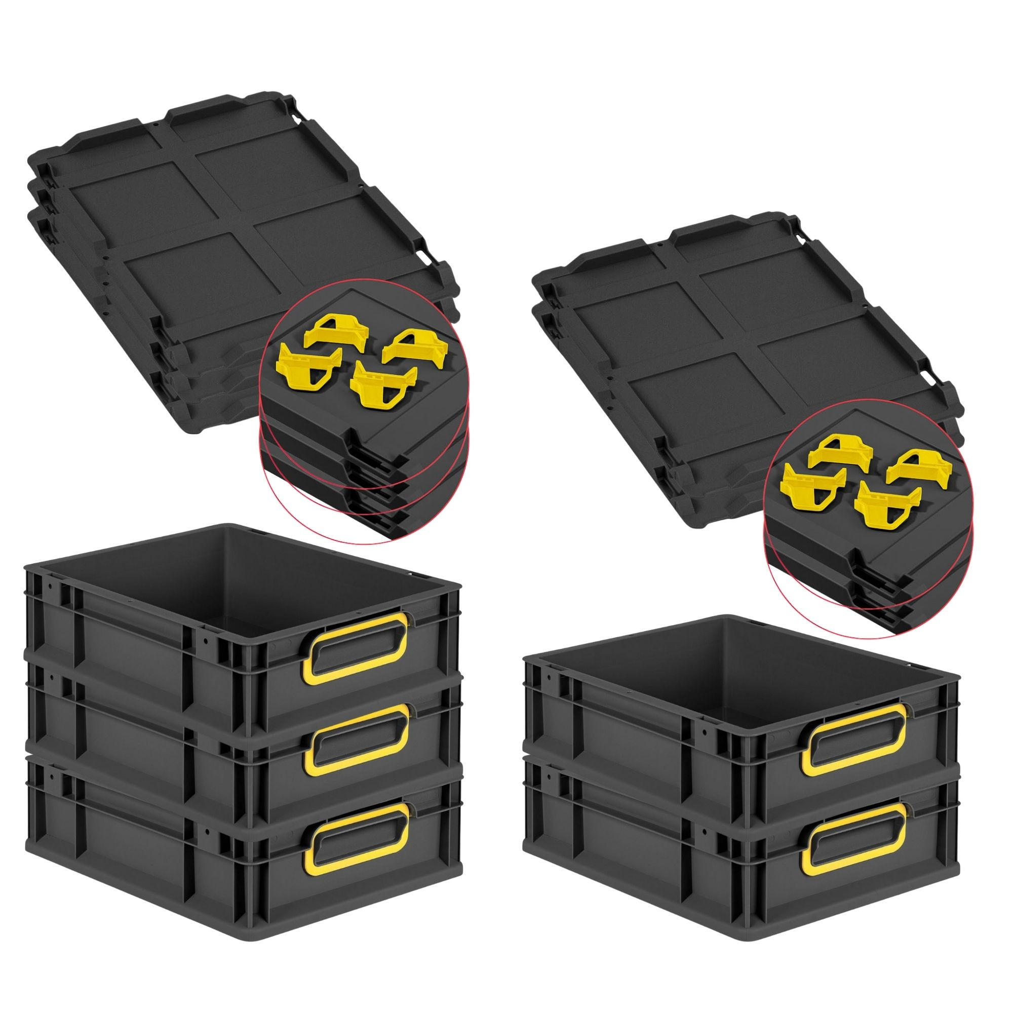 EUROBOX 5x NextGen Color mit Auflagedeckel 12x30x40 cm 11 Liter Schwarz Griffe gelb zu - Gelb/Schwarz, Kunststoff (30/12/40cm) - PROREGAL