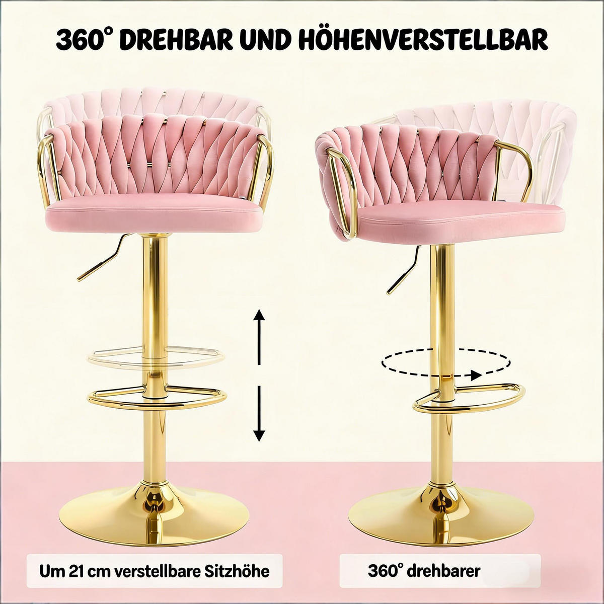 BARHOCKER DE-36090 Drehbar höhenverstellbar mit Samtbezug Rosa - Pink, Metall (49.5/98/50.5cm) - ComfortXL