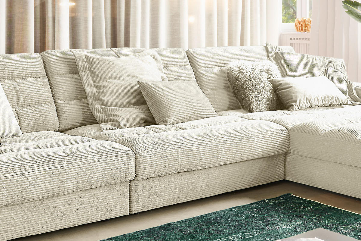 ECKSOFA XL LANA Cremeweiß Cord - Creme/Schwarz, Textil (416/205cm) - KAWOLA