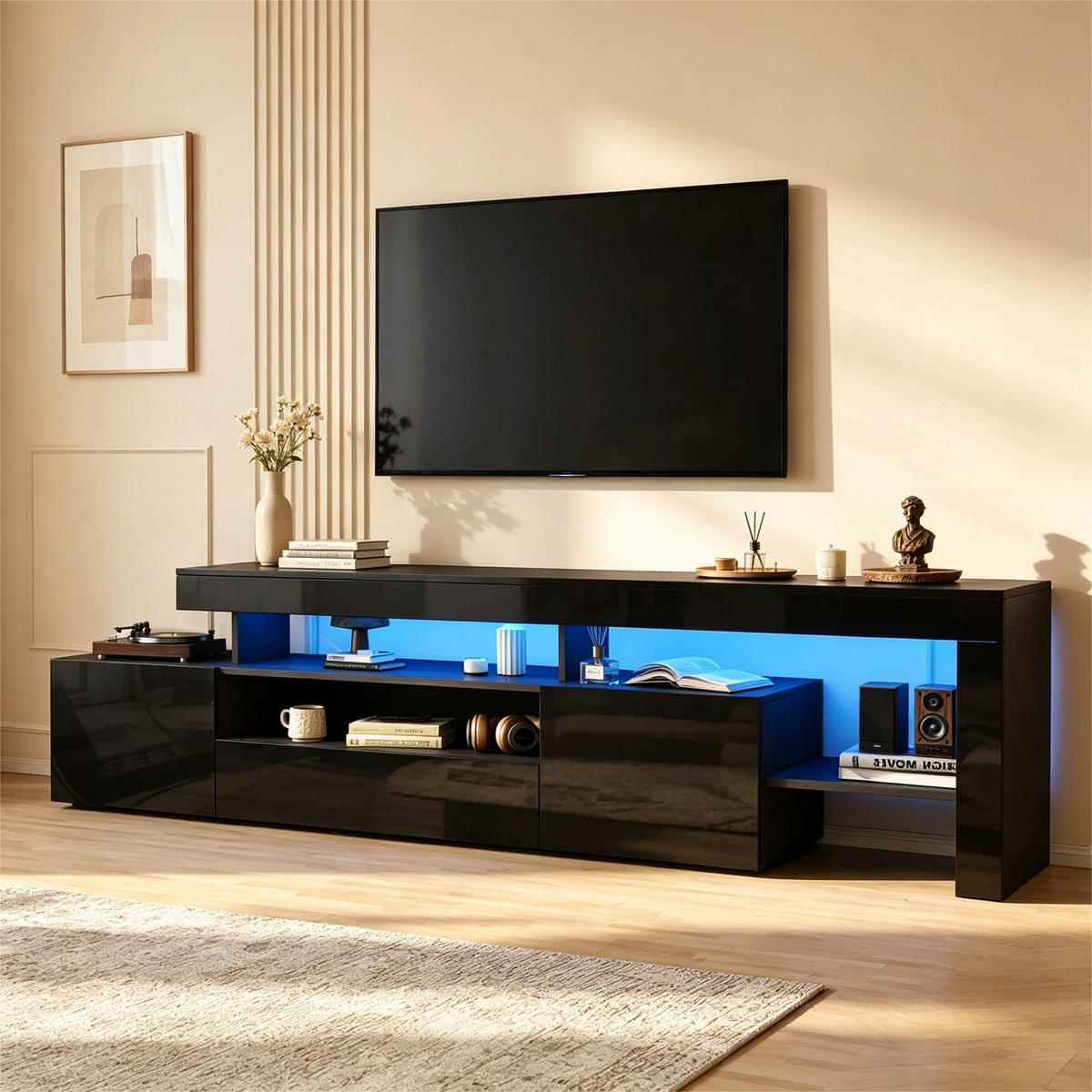 TV-SCHRANK 192/37/53 cm Schwarz mit LED und 3 schränke - Schwarz, Holzwerkstoff (192/53/37cm) - Oxeza