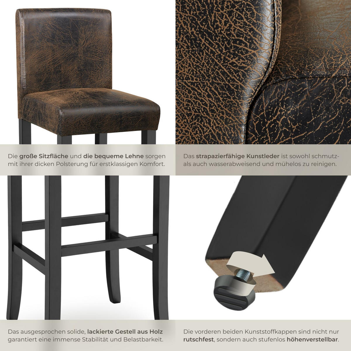 BARHOCKER 2er Set Kunstleder, Sitzhöhe 76 cm, antikbraun - Anthrazit/Braun, Leder/Holz (40/107/41cm) - tectake