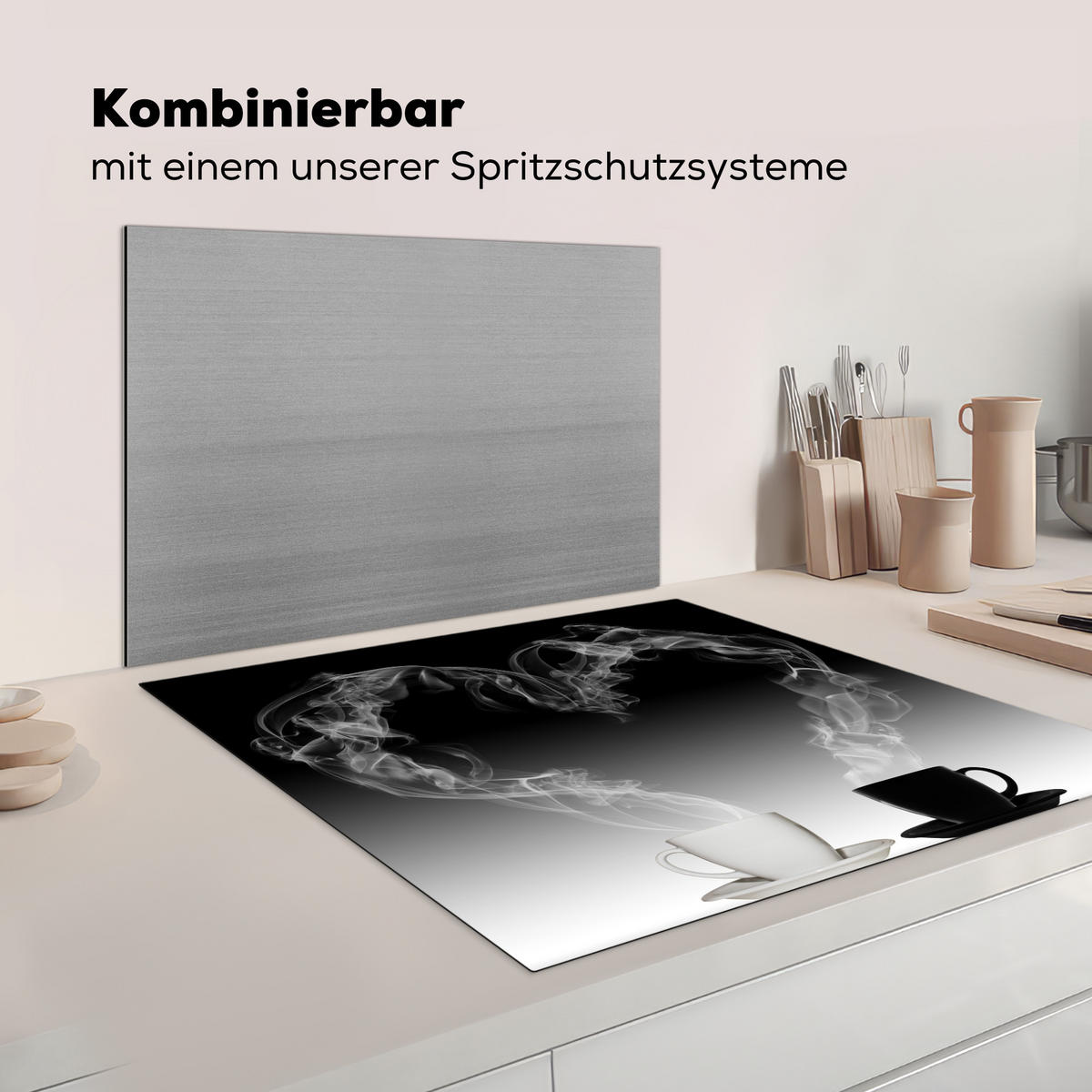 HERDABDECKPLATTE Kaffee - Herz - Schwarz und weiß - Tassen Induktionsmatte 78x78 cm - Weiß, Kunststoff (78/78/0.2cm) - MuchoWow