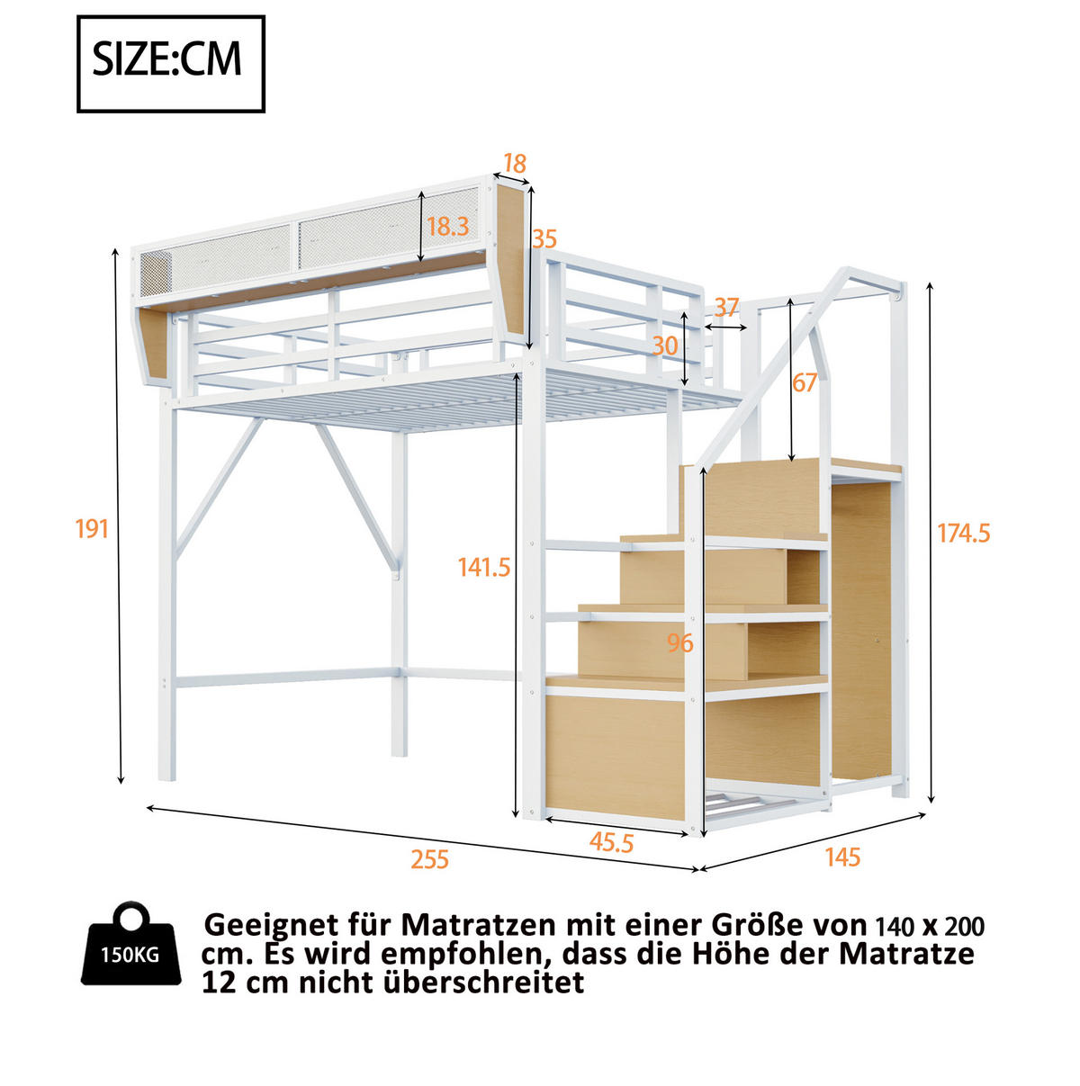 HOCHBETT 140/200 cm mit Sicherheitsleiter und flexiblem Regal aus Metall, Weiß - Weiß, Metall (140/200cm) - Redom