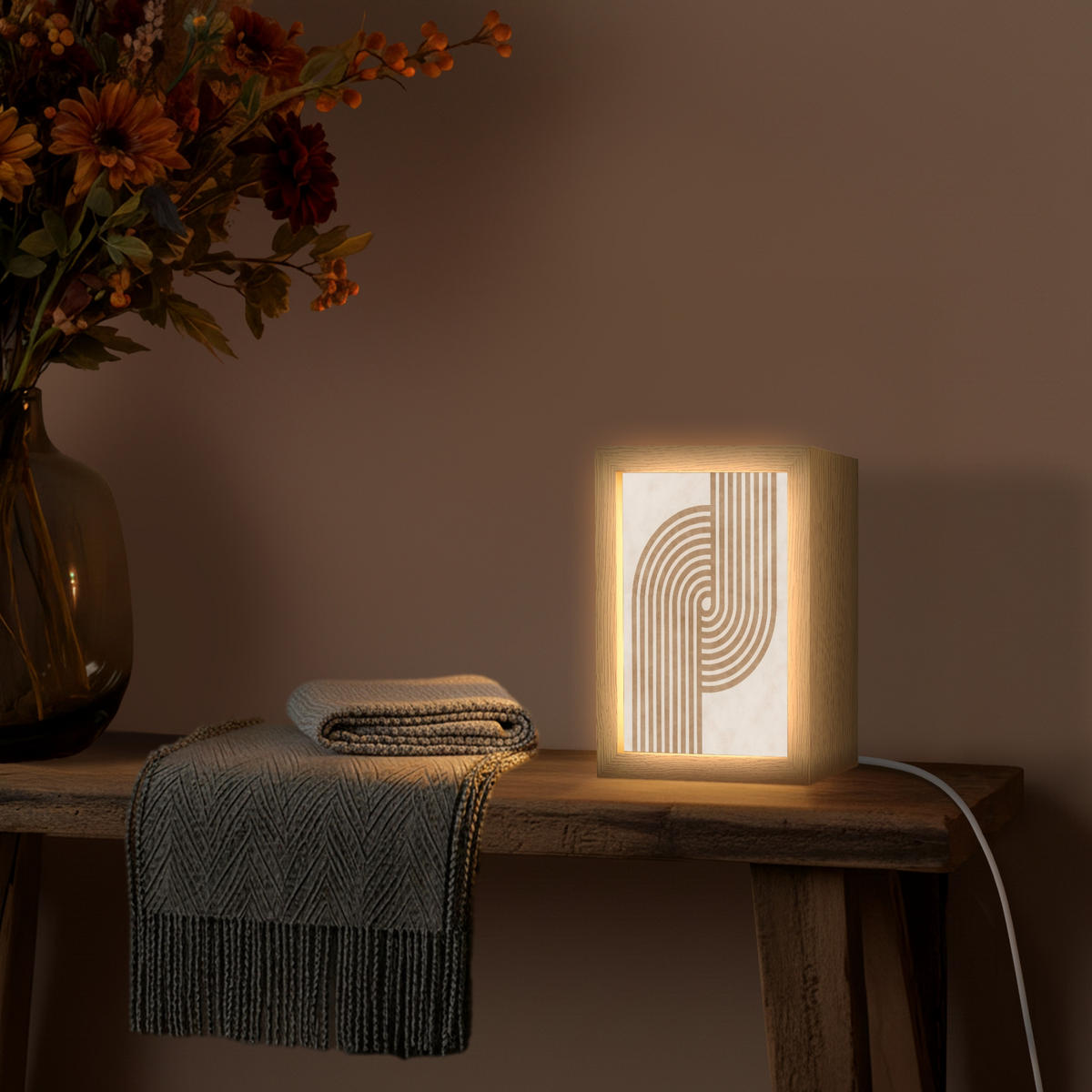 NÁSTĚNNÁ LAMPA Symetrický ohyb - měděná barva 15x20 cm - béžová, kompozitní dřevo (15/20/8cm) - OnlyWow