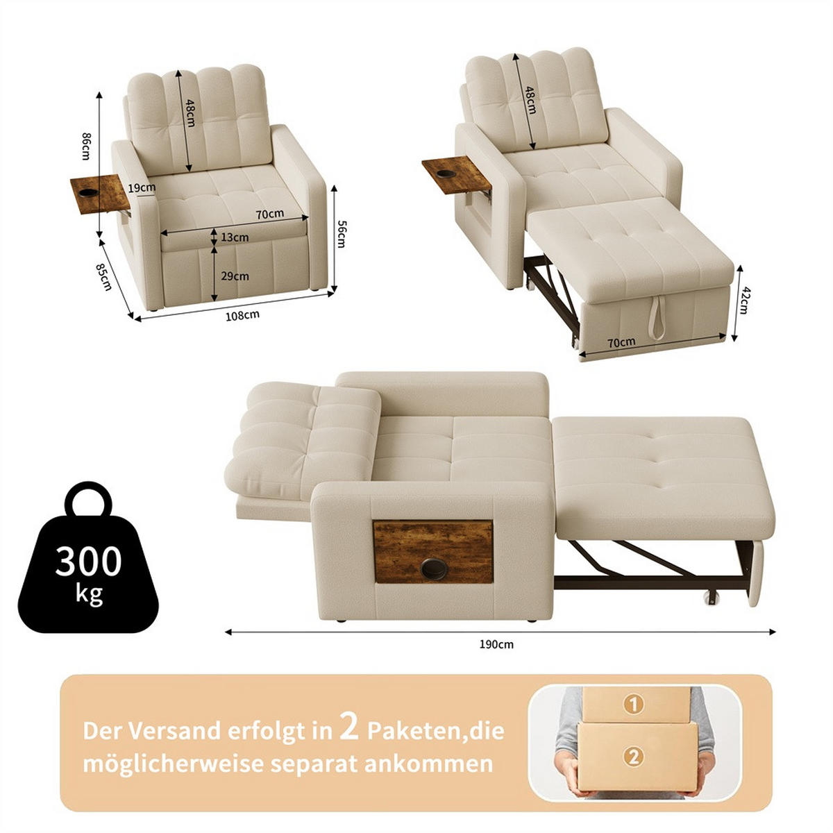 SCHLAFSESSEL mit klappbarem Ablagetisch und Seitentasche - Beige - Beige, Textil (85/86/108cm) - DELFA