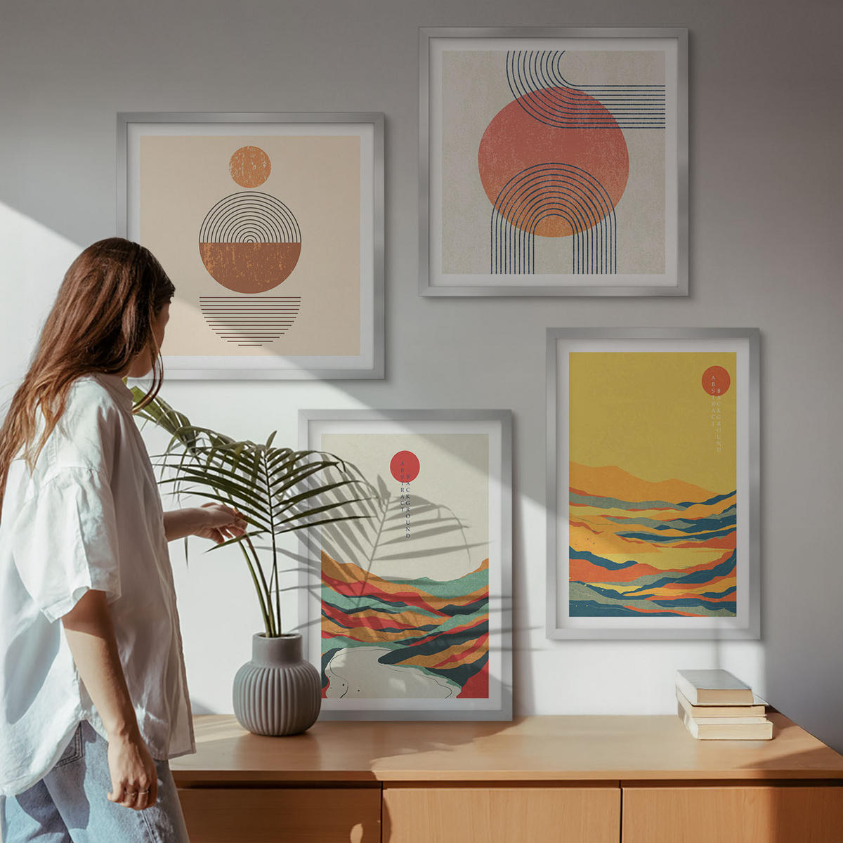 BILDER SET 4er Set - 50x50 cm & 40x60 cm Silberner Rahmen - Farbenfrohe Muster der Japandi-Flussberge - Silberfarben, Kunststoff (50/50cm) - TULUP