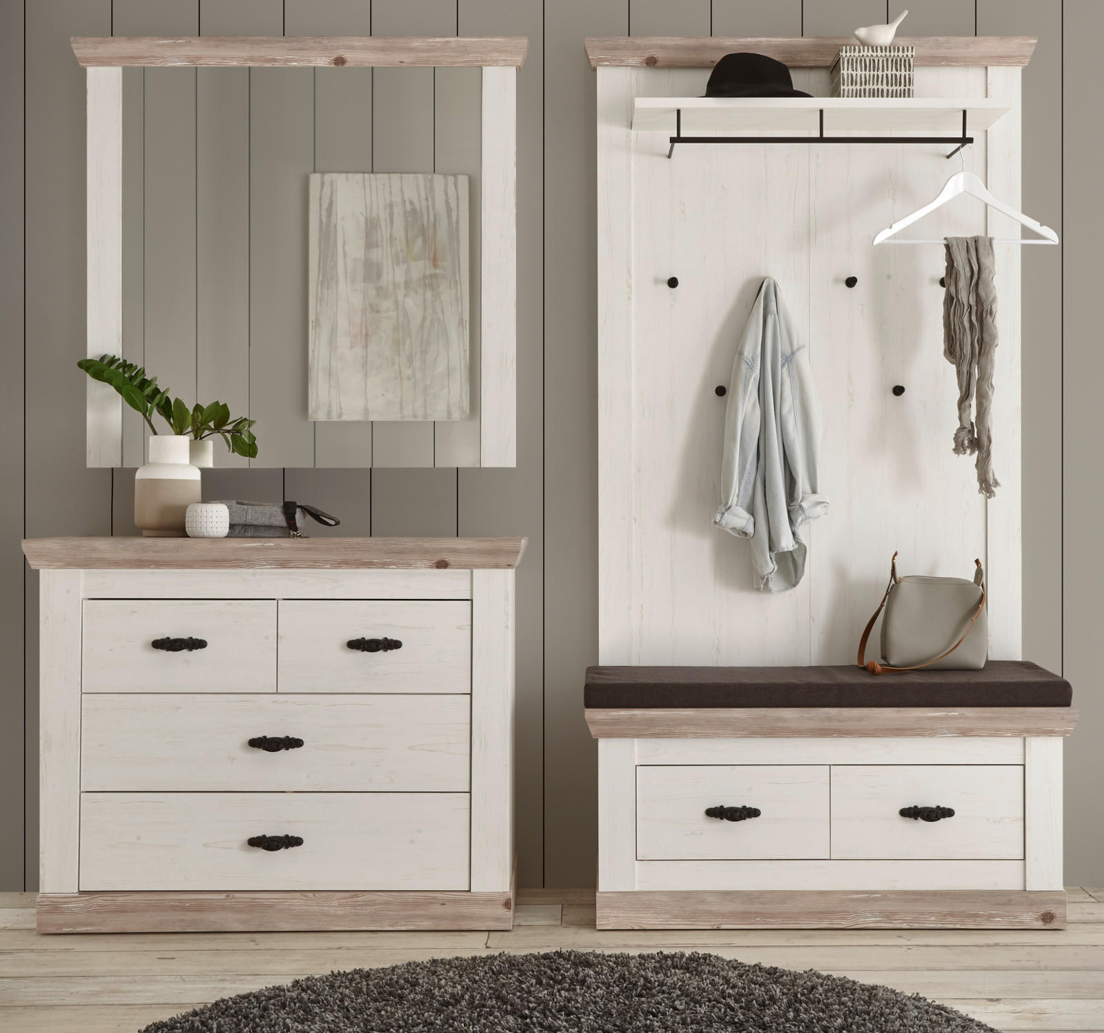 GARDEROBENKOMBINATION Pinie weiß, Oslo Pinie Landhaus, Garderobe Set 4-tlg., 224 x 201 cm - Anthrazit/Weiß, Holzwerkstoff/Metall (224/201/45cm) - Furn.Design