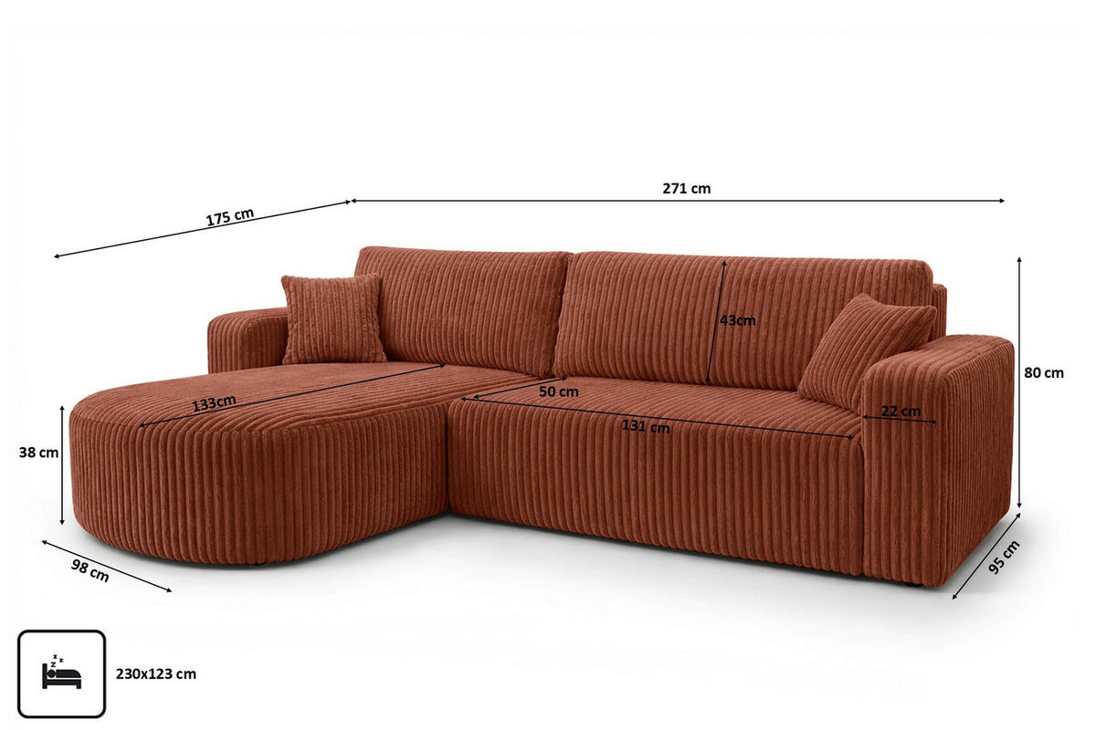 ECKSOFA Mit Schlaffunktion, Cordstoff Tilia, Kupfer, Links, ROUND ONE XL - Orange, Holz (271/175cm) - Kaiser Möbel