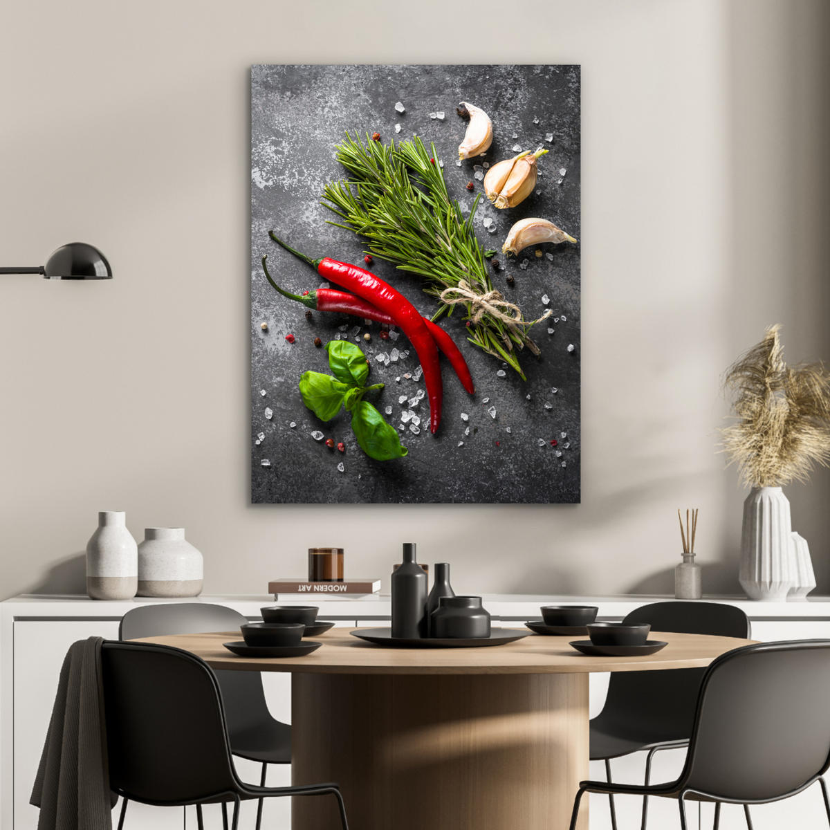 KOVOVÝ OBRAZ Korenie - bylinky - korenie - betón 60x80 cm - tmavosivá, kov (60/80cm) - MuchoWow