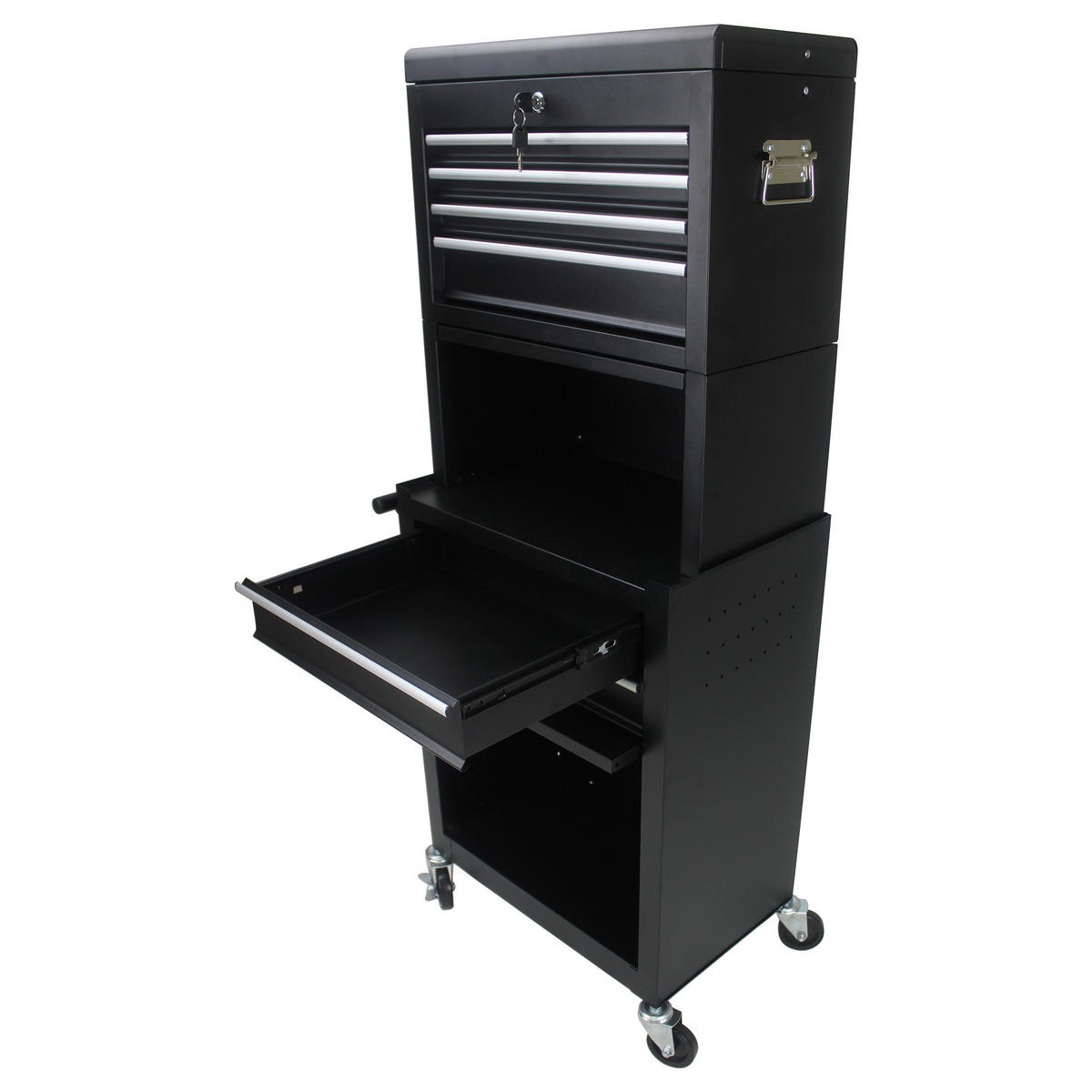 WERKZEUGWAGEN 2-in-1 mit Rollen – abnehmbarer Werkzeugkasten, 6 Fächer, Werkstattwagen mit 4 Rädern für Garage, Schwarz - Schwarz, Metall (33/110/60cm) - Ej. Life