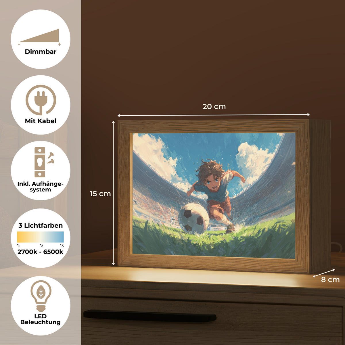 NACHTTISCHLAMPE Stadion - Fußballer - Ball 20x15 cm - Blau, Holzwerkstoff (8/20/15cm)