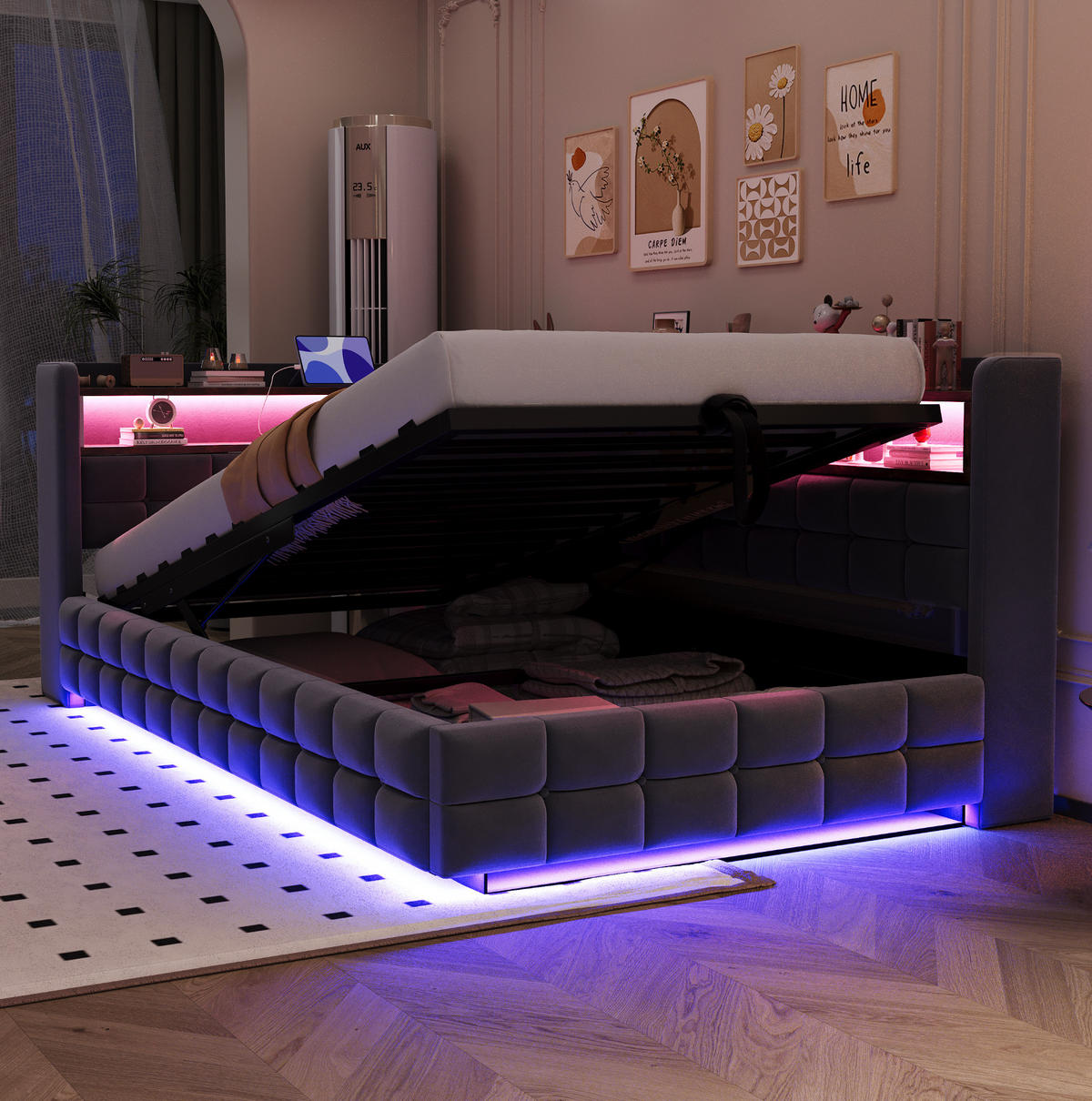 ČALOUNĚNÁ postel 90/200 cm šedá z veluru s úložným prostorem, LED a USB - šedá, textil (90/200cm) - OKWISH