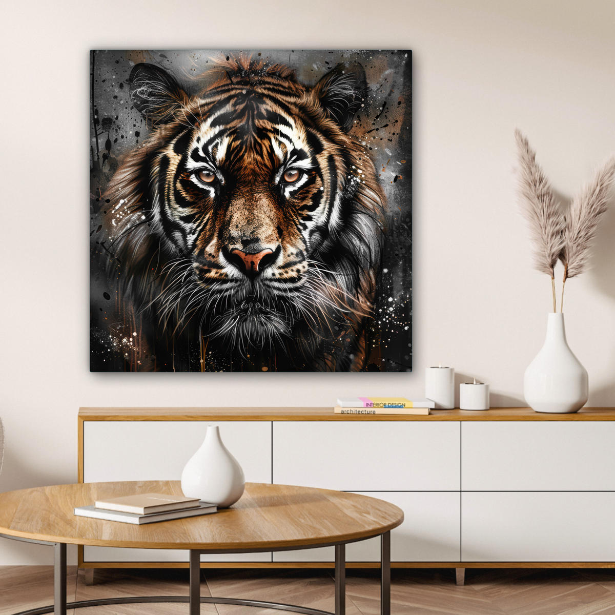 LEINWANDBILD Tiger - Tiere - Porträt - Luxus - Schwarz 90x90 cm - Anthrazit, Textil (90/90cm) - MuchoWow