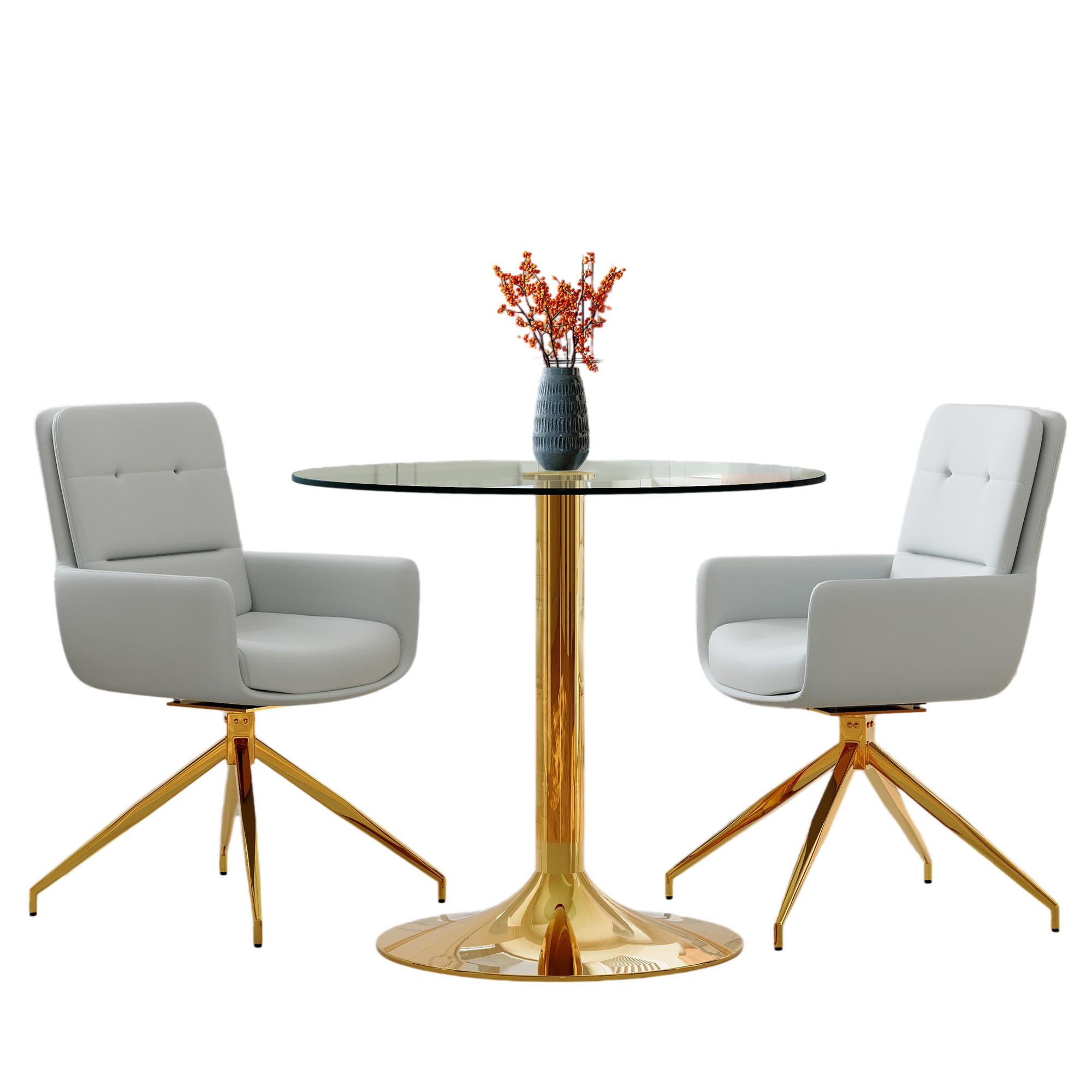 ESSGRUPPE DE-39476 3-teilig, Glastisch und 2 Drehstühlen mit Knopfverzierung Hellgrau - Hellgrau, Metall (85/75/85cm) - ComfortXL