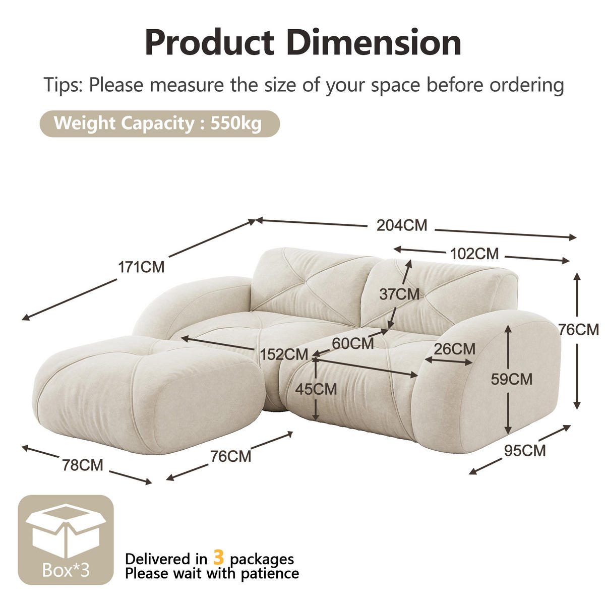 2-SITZER ECKSOFA Chenille Hellbeige mit Hocker - Weiß, Textil (204/171cm) - WISHDOR