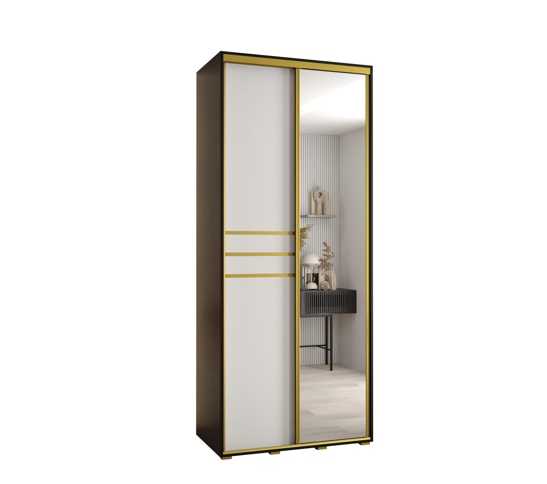 Abiks Möbel Schwebetürenschrank Schwarz, Weiß, Gold 120x235x45 cm
